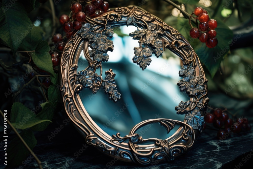 Poster a mirror sitting on top of a table next to a bunch of grapes. suitable for home decor or lifestyle-t