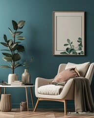 Scandinavian Living Room Interior with Beige Armchair and Mockup Poster on Blue Wall