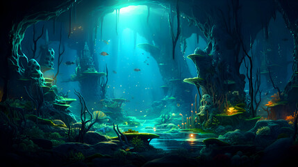 Underwater landscape with fish and plants. 3d render illustration.