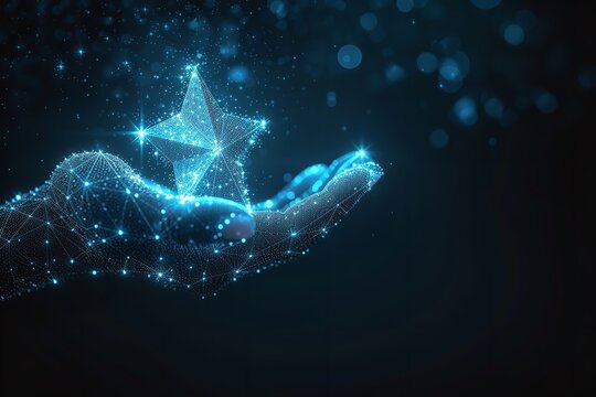A hand holding a star in a digital backdrop with empty space a concept of success, Generative AI.