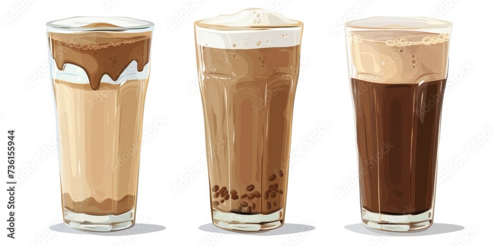 Poster a collection of three different kinds of beverages, each served in a tall glass. perfect for illustr