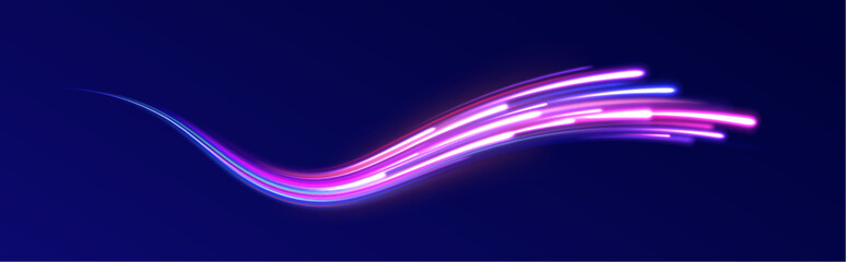 Lines in the shape of a comet against a dark background. Illustration of high speed concept. Curved light trail stretched upward. Vector Illustration.	