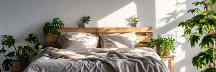 Cozy Bedroom Panorama with Double Wooden Bed, Green Plants, and Sunny Interior