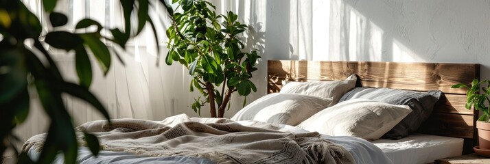 Cozy Double Wooden Bed with Sunny Bedroom Interior and Green Plants. Panoramic Real Photo - obrazy, fototapety, plakaty