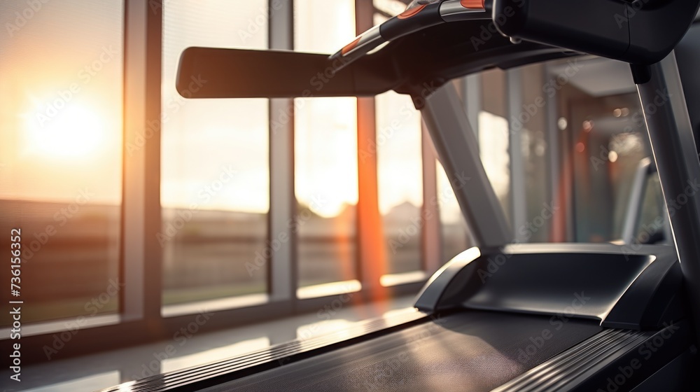 Poster a close-up view of a treadmill positioned near a window. this image can be used to depict a fitness 