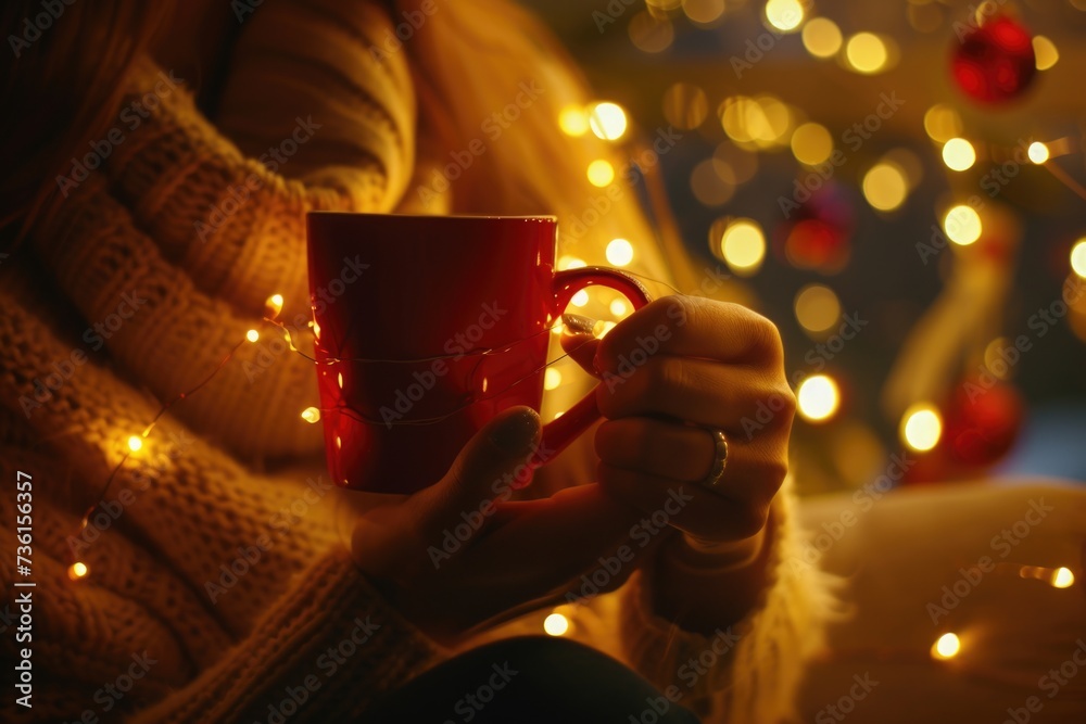 Poster a woman holds a red coffee cup in front of a christmas tree. this festive image can be used to add w
