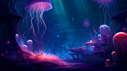 Underwater landscape with jellyfishes and algae.  illustration.