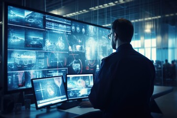 A man sitting at a desk in front of multiple monitors. Can be used to depict a professional working environment