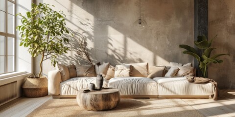 Beige Japandi Living Room Interior with Cozy Couch and Wooden Decor in Morning Sunlight