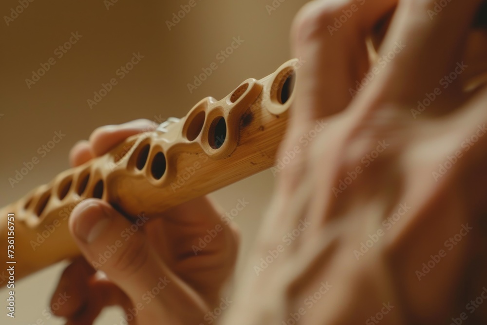 Poster Close-up view of a person playing a flute. Suitable for musical themes or performance-related concepts