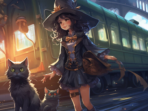 Enchanting Cartoon Illustration of a Young Witch grimalkin and Her Mysterious animal Companion. AI Generative.