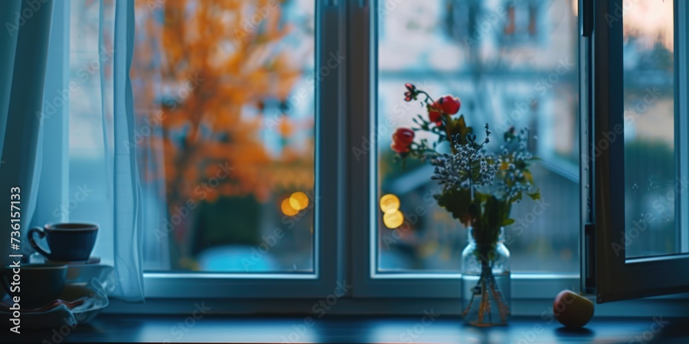 Poster a vase of flowers sitting on a window sill. perfect for adding a touch of nature to any interior spa