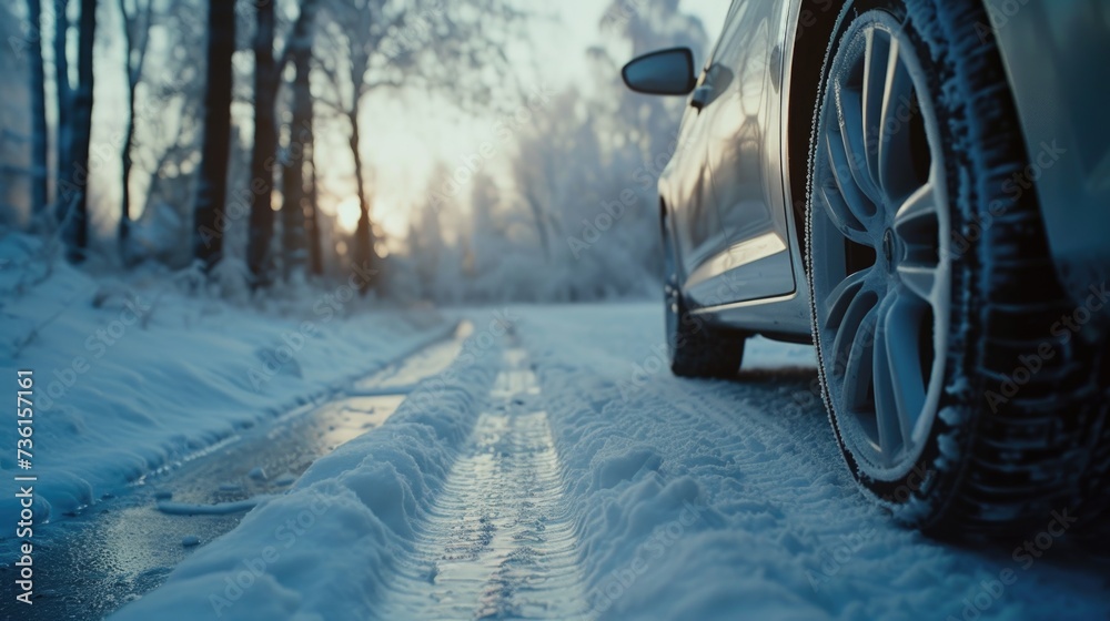 Poster A car driving down a snow-covered road. Suitable for winter travel or transportation concepts