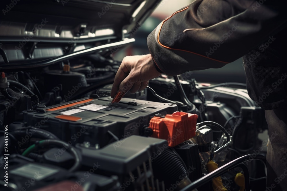 Poster A man is seen working on a car battery. This image can be used to illustrate car maintenance or automotive repairs