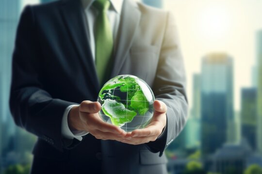A man in a suit holding a glass globe. Suitable for business, finance, or global concepts