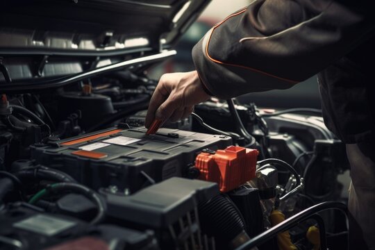 A man is seen working on a car battery. This image can be used to illustrate car maintenance or automotive repairs