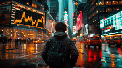 A person with a backpack stands in the rain, looking at the lit-up financial data screens in a city at night.
