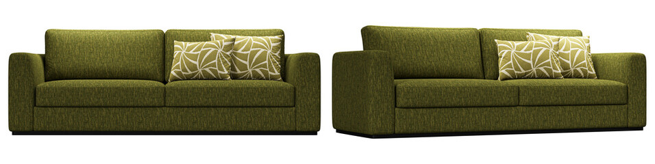 Modern and luxury green  sofa set  with pillows isolated on white background. Furniture Collection.  