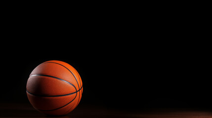 Obraz premium A close-up of an orange basketball on a dark, wooden floor, creating a dramatic atmosphere.
