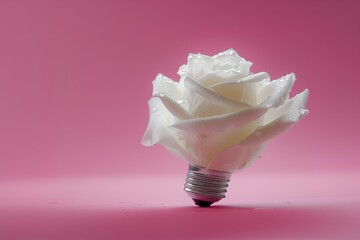 Creative white rose light bulb on pink background. Romantic ECO energy idea concept. Copy space.