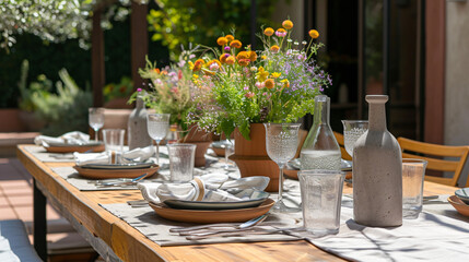 Setting a table for outdoor entertainment.
