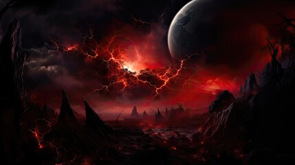 dark planet, light behind, red, nebula, hdr, stunning