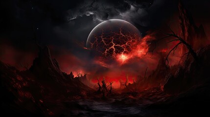 Fototapeta premium dark planet, light behind, red, nebula, hdr, stunning