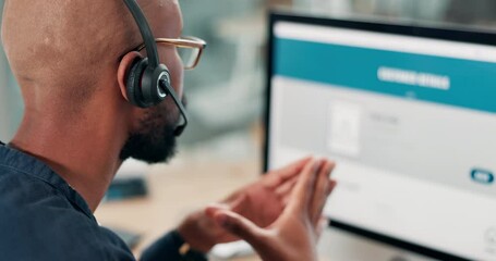 Tech support, computer screen and phone call with black man, headset and consultant in customer service from back. Help, telecom and virtual assistant at callcenter with conversation at crm office. - Powered by Adobe