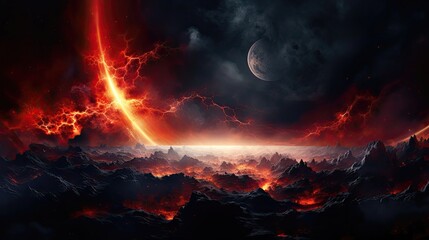 dark planet, light behind, red, nebula, hdr, stunning