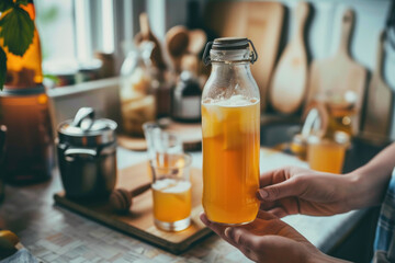 Hand holding a glass and bottle of healthy homemade fermented kombucha tea