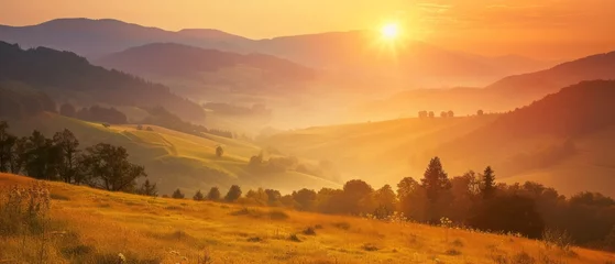 Foto op Plexiglas Warm oranje Mountain valley during sunrise. Natural summer landscape in Slovakia