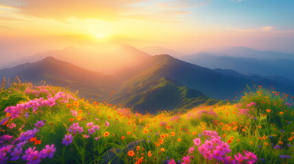 Lush mountain meadows bloom with wildflowers, basking in the warm glow of a sunrise over distant peaks.