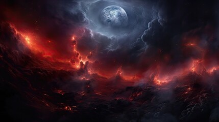 Obraz premium dark planet, light behind, red, nebula, hdr, stunning