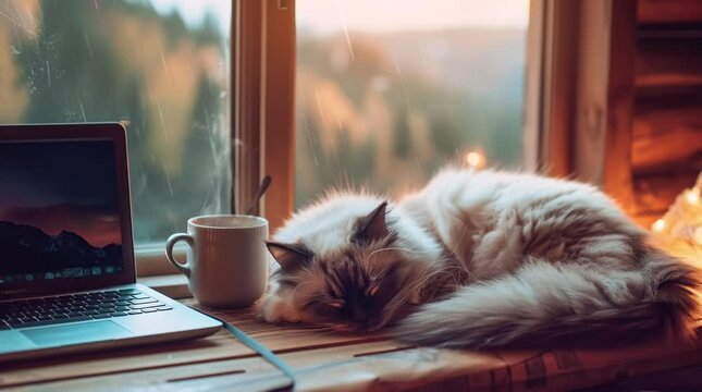 Cat Sleeping by Window with Cup of Coffee in Spring Seamless looping 4k time-lapse virtual video animation background. Generated AI