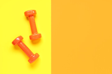 Pair of orange dumbbells on color background