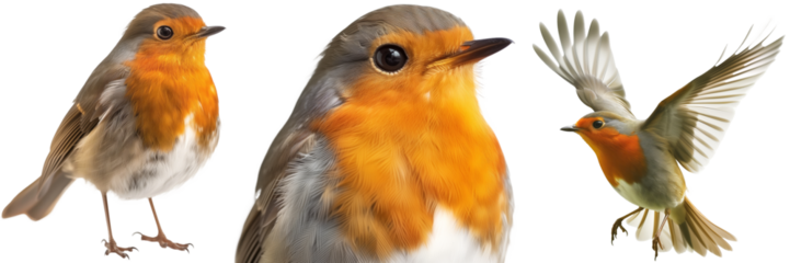 A robin bird collection, standing, flying and portrait, isolated on a white background