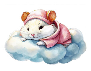 雲の上で眠るパジャマ姿の可愛いハムスターの赤ちゃんのイラスト