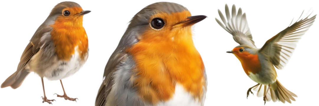 A robin bird collection, standing, flying and portrait, isolated on a white background