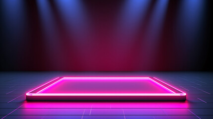 Abstract neon light geometric background. Rectangle stage product display. Glowing neon lines. Empty futuristic stage laser. Rectangular laser lines. Square stage. Laser show design. - obrazy, fototapety, plakaty