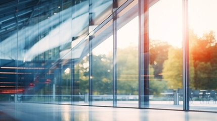 Blurred glass wall of modern business office building at the business center use for background in business concept. Blur corporate business office. Abstract office windows background.