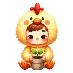 Watercolor cute kid in a chicken suit holding a young plant in a plant pot. Children's recreational activity. Kid chicken costume clipart.