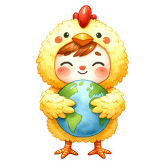 Obraz premium Watercolor cute kid in a chicken suit hugging an earth. Children's recreational activity. Kid chicken costume clipart.