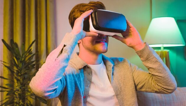 Pessoa usando um &oacute;culos de realidade virtual com n&eacute;on rosa e azul refletindo em seu rosto