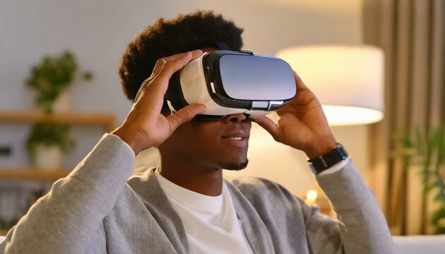 Pessoa usando um &oacute;culo de realidade virtual em casa