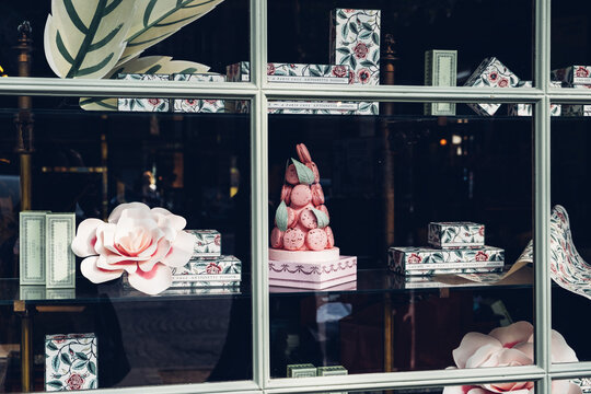 Paris, France - May 5, 2019: storefront of Laduree luxury bakery and sweets maker house in Paris. It is one of the world's best-known sellers of the double-decker macaron.