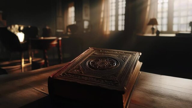 Ancient Symbols: Old Book on Wooden Table
