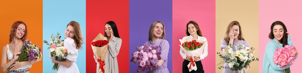 8 March - Happy Women's Day. Charming ladies with beautiful flowers on different colors...