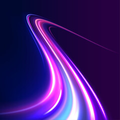 	
Abstract image of speed motion on the road. Vector glitter light fire flare trace. Dark blue abstract background with ultraviolet neon glow, blurry light lines, waves	