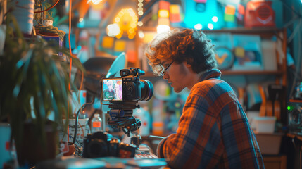 A young in a vibrant studio setting up camera for a video blog session, surrounded by colorful lights.. - obrazy, fototapety, plakaty