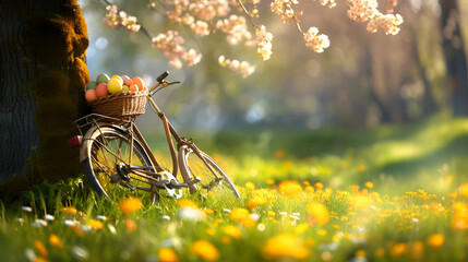 Bike being propped against the tree with basket full of Easter eggs on the meadow with grass, spring flowers and sun shining. Concept of Easter, Travel and Delivery. - obrazy, fototapety, plakaty